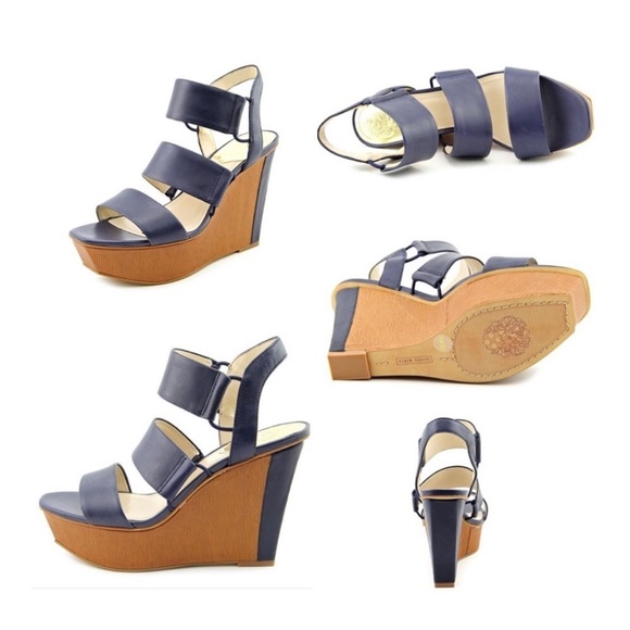 Vince Camuto Niskera Open Toe Peacock Blue and Summer Tan Leather Wedge SZ 8 - Picture 2 of 8